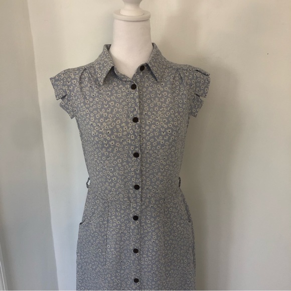 MONTEAU Women Blue/White Floral Print Cap Sleeve Button Up Midi Dress Sz M - Picture 2 of 14